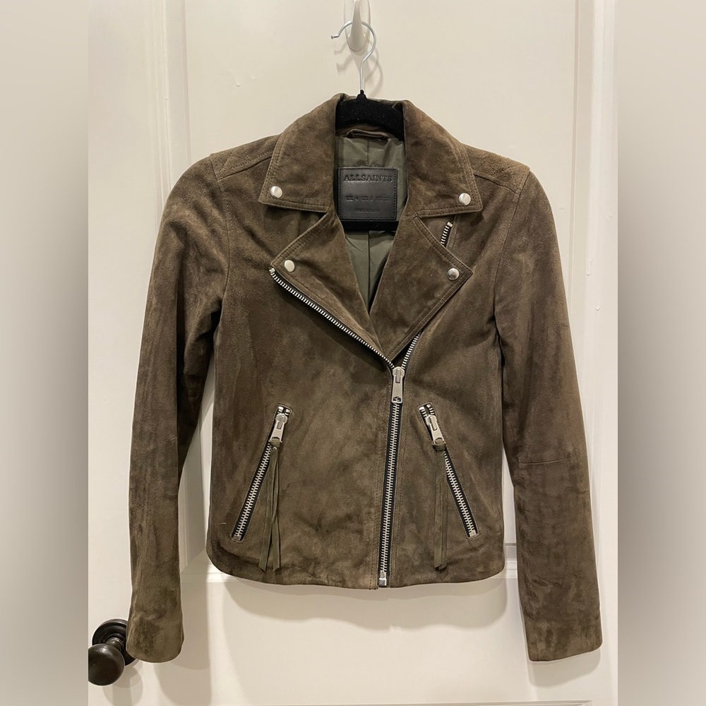 ALLSAINTS Suede Dalby Biker Jacket - emerald green